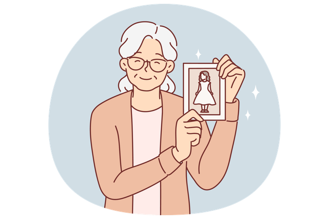 Elderly woman shows photo of little girl  Illustration