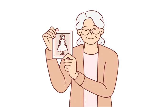 Elderly woman shows photo of little girl and smiles  Illustration