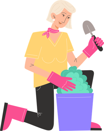 Elderly woman sits and plants flowers in pots  Illustration