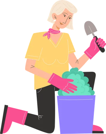 Elderly woman sits and plants flowers in pots  Illustration