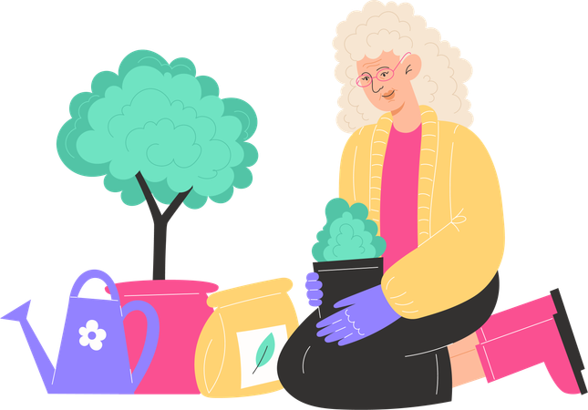 Elderly woman sits and plants flowers in pots  Illustration