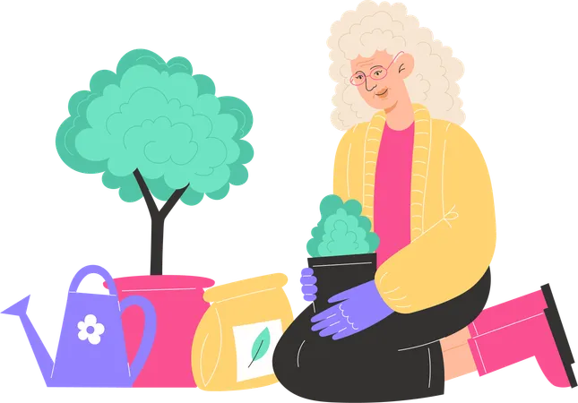 Elderly woman sits and plants flowers in pots  Illustration