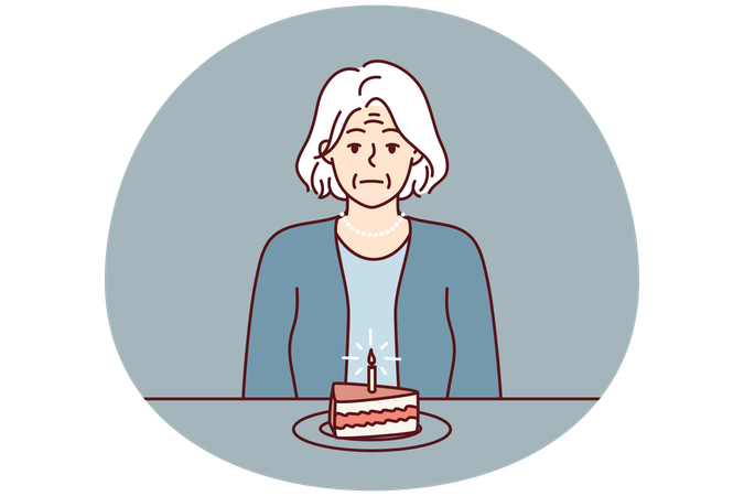 高齢の女性がケーキを手にテーブルに座り、親戚の不在に悩む  イラスト