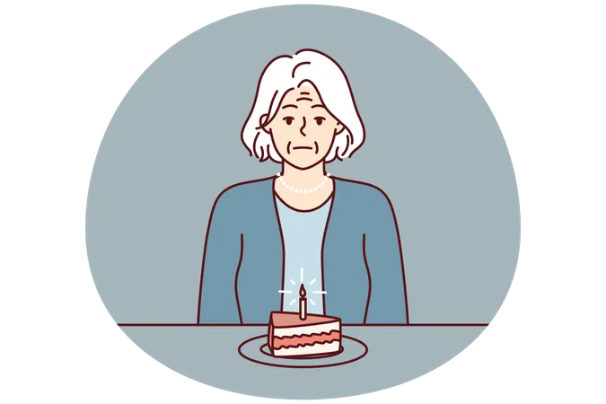 高齢の女性がケーキを手にテーブルに座り、親戚の不在に悩む  イラスト
