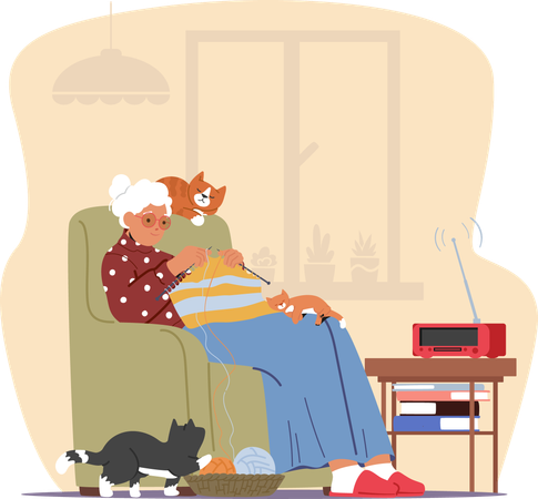 Elderly Woman Sits Comfortably In Cozy Armchair and Knitting With Colorful Yarn  Illustration