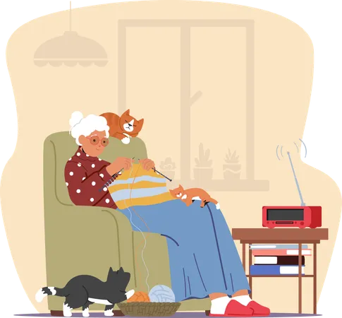 Elderly Woman Sits Comfortably In Cozy Armchair and Knitting With Colorful Yarn  Illustration