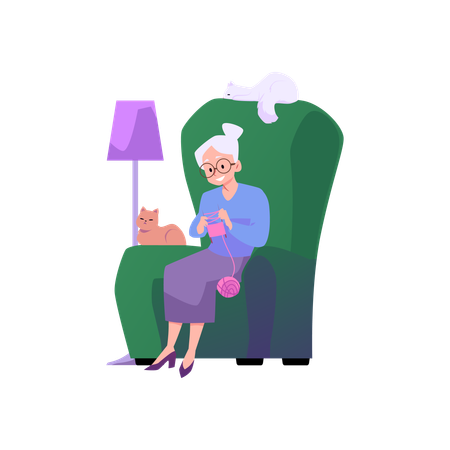 Elderly woman sits in a armchair with cats and knits  Illustration