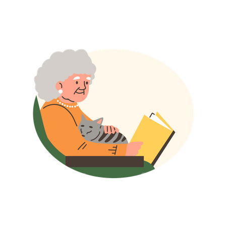 Elderly woman sits in armchair strokes cat and reads book  Illustration