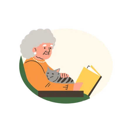 Elderly woman sits in armchair strokes cat and reads book  Illustration