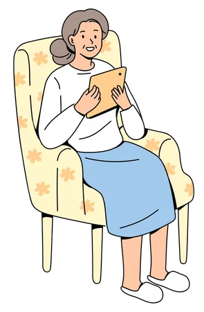 Elderly woman sitting at chair using tablet  Illustration