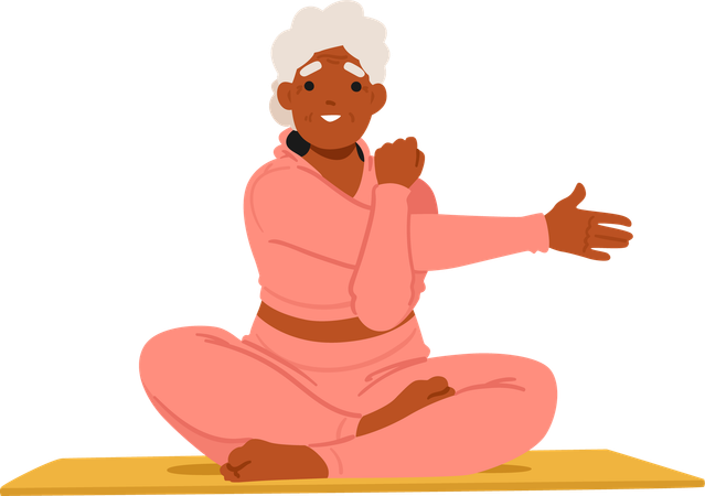 Elderly Woman Sitting On Yoga Mat Arms Extended  Illustration