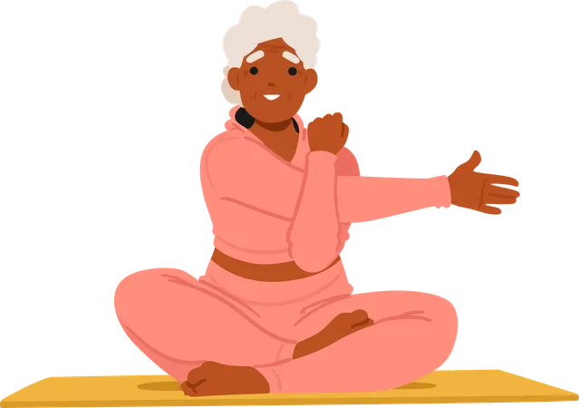 Elderly Woman Sitting On Yoga Mat Arms Extended  Illustration