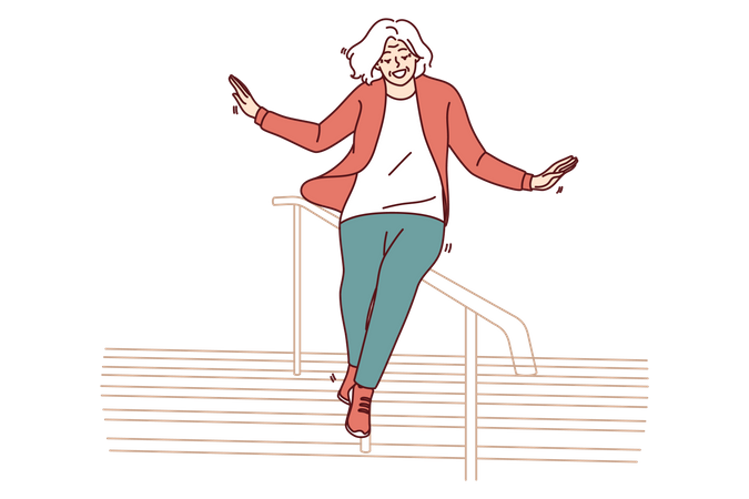 Elderly woman slides down stair railing having fun  イラスト