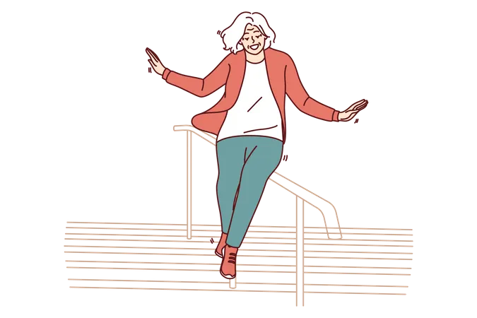 Elderly woman slides down stair railing having fun  Illustration