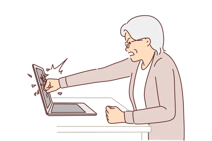 Elderly Woman Smashes Laptop Screen By Punching It Because Of Bad News On Website Or Freezing Software Gray Haired Female Pensioner Is Nervous And Breaks Laptop While Learning To Use Internet Illustration