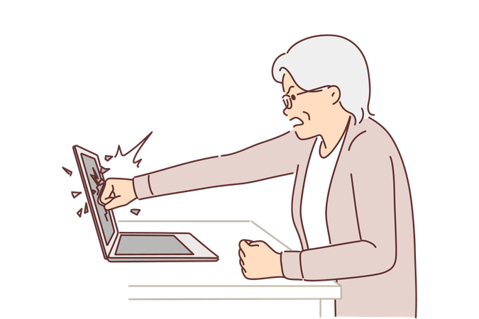 Elderly woman smashes laptop screen by punching it because bad news  Illustration