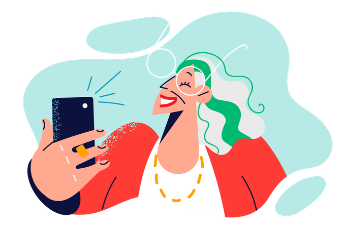 Elderly woman takes selfie on phone and poses for picture  Illustration