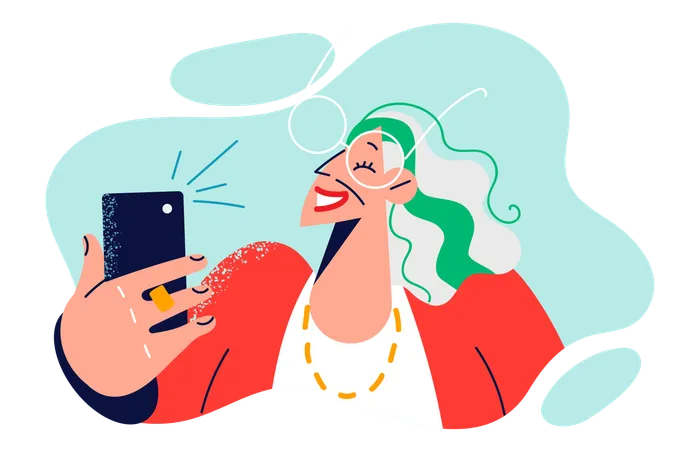 Elderly woman takes selfie on phone and poses for picture  Illustration