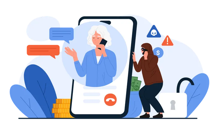 Elderly Woman On Mobile Phone Screen Talking To Scammer Scam And Phishing Vector Illustration Cartoon Unknown Robber In Mask Calls Grandmother To Steal Money Personal Financial Information Illustration