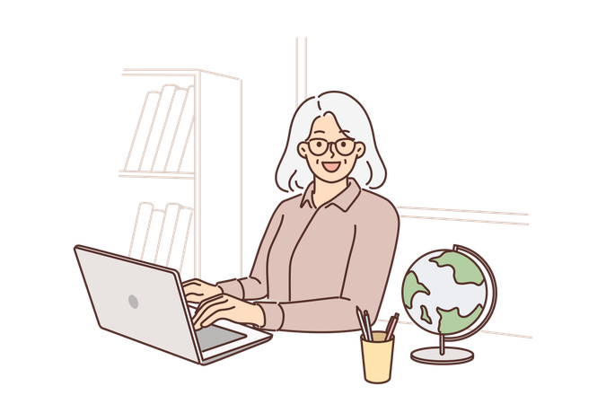 Elderly woman teacher uses laptop sitting at table with globe and teaching students via internet  Illustration