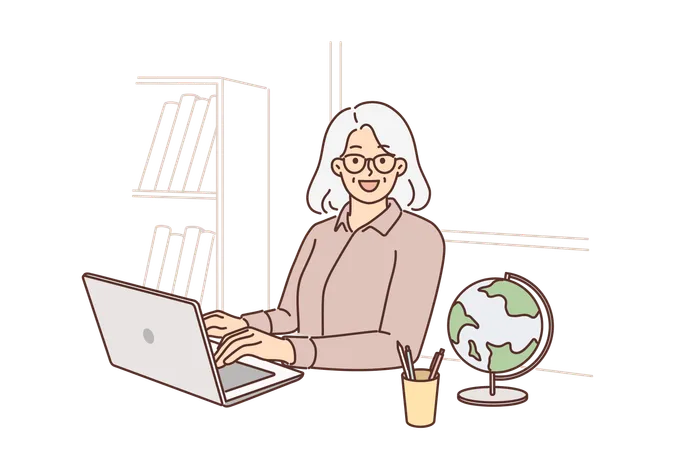 Elderly woman teacher uses laptop sitting at table with globe and teaching students via internet  Illustration