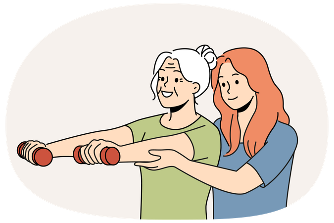 Elderly woman trains with physiotherapist and lifts dumbbells to stay healthy after retirement  Illustration