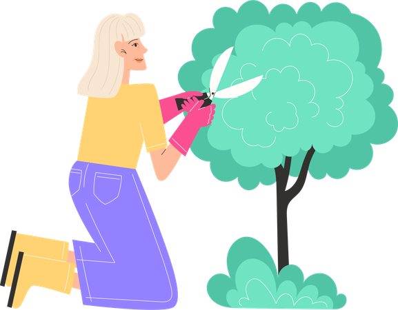 Elderly woman trims bushes in garden with garden shears  Illustration