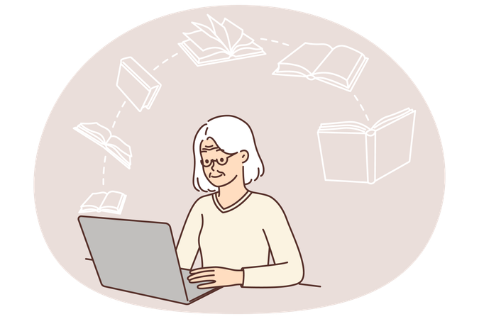 Elderly woman uses laptop to read e-books useful lecture to gain new knowledge  Illustration