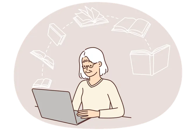 Elderly woman uses laptop to read e-books useful lecture to gain new knowledge  Illustration