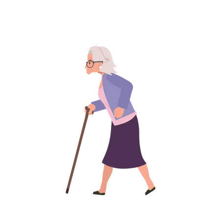 Confident Granny Elderly Woman Is Walking With Cane Stick Active Outdoor Lifestyle Flat Vector Cartoon Illustration Illustration