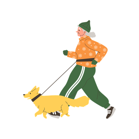 Elderly woman walking with dog  Illustration