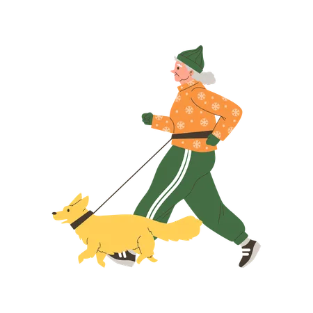 Elderly woman walking with dog  Illustration