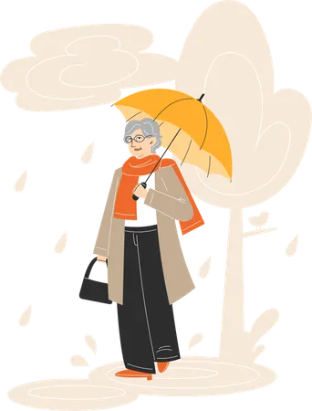 Elderly Woman Walking with Umbrella in the Rainy Autumn Park  Illustration