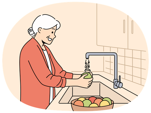 Elderly woman washes fruits in sink  Illustration