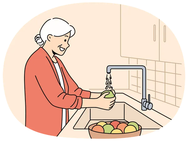 Elderly woman washes fruits in sink  Illustration