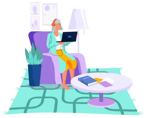 Elderly woman watching movie on laptop  Illustration