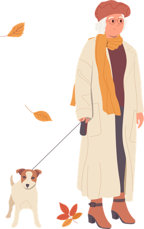 Elderly woman wearing warm fashion clothes walking dog through autumn street  Illustration