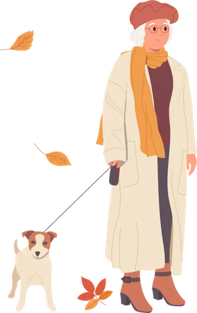 Elderly woman wearing warm fashion clothes walking dog through autumn street  Illustration