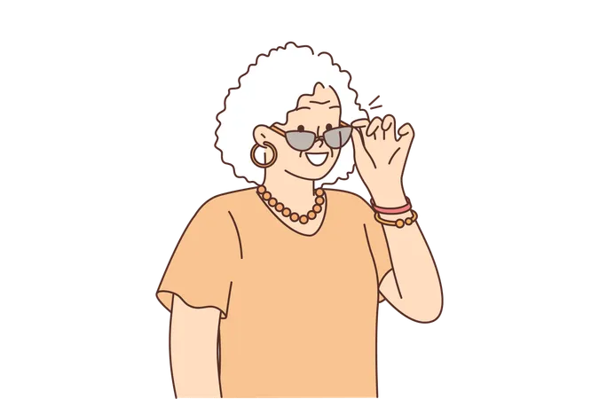 Elderly Fashionable Woman Takes Off Sunglasses And Smiles Feeling Zest For Life After Retirement Gray Haired Grandmother In Fashionable Clothes And Stylish Accessories For Concept Active Old Age Illustration