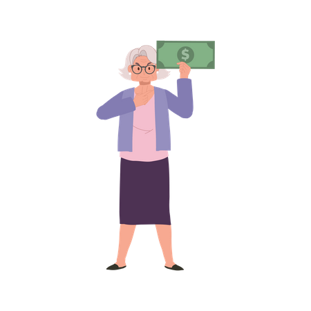 Elderly Woman with Big Money Note Showing Prosperity and Financial Confidence  Illustration