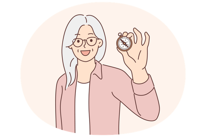 Elderly woman with compass in hand demonstrates navigation device offers to go on trip  Illustration