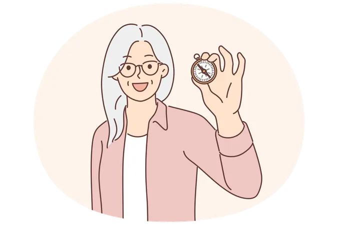 Elderly woman with compass in hand demonstrates navigation device offers to go on trip  Illustration