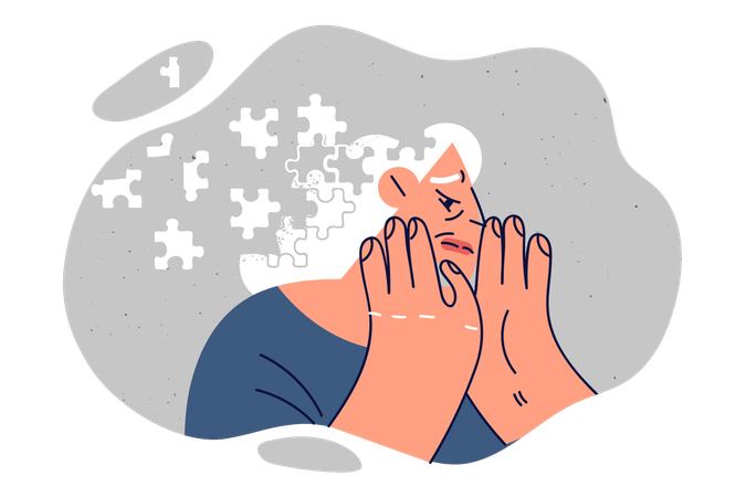 Elderly woman with dementia with hair from flying puzzle symbolizing senile diseases and sclerosis  Illustration