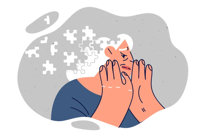 Elderly Woman With Dementia With Hair From Flying Puzzle Symbolizing Senile Diseases And Sclerosis Upset Grandmother With Dementia Needs Psychological And Mental Help After Retirement Illustration