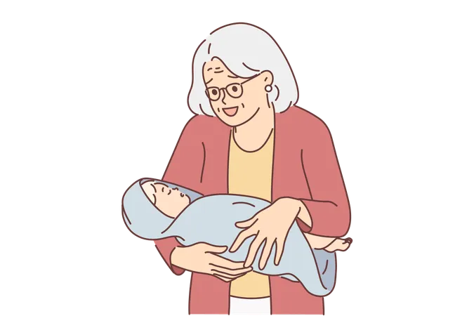 Elderly woman with newborn grandson smiles rejoicing at birth of new family member  Illustration