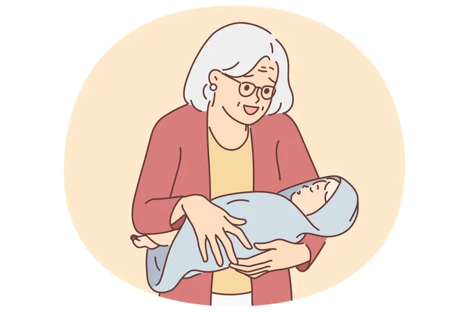 Elderly woman with newborn grandson smiles rejoicing at birth of new family member  Illustration