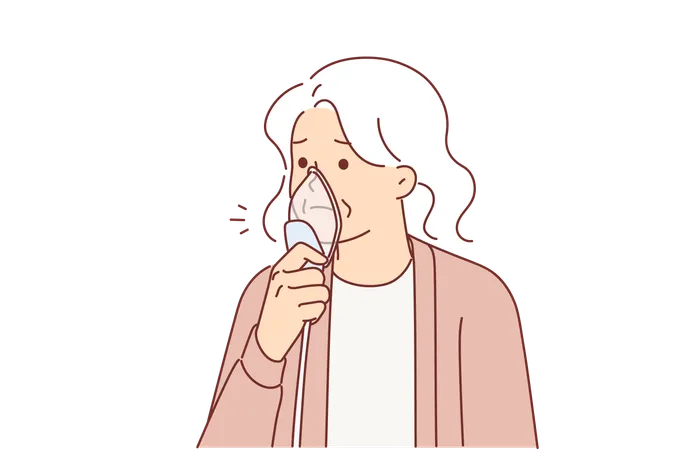 Elderly Woman With Oxygen Mask Near Face Stands Using Medical Equipment For Artificial Ventilation Of Lungs Old Female Suffering From Bronchial Disease Causing Affected Lungs And Breathing Problems Illustration