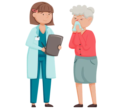 Elderly woman with runny nose came for consultation with doctor  Illustration