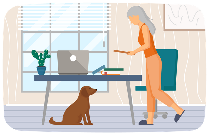 Elderly woman working in office Illustration