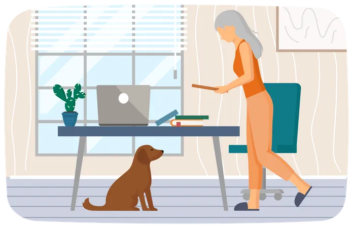 Elderly woman working in office Illustration